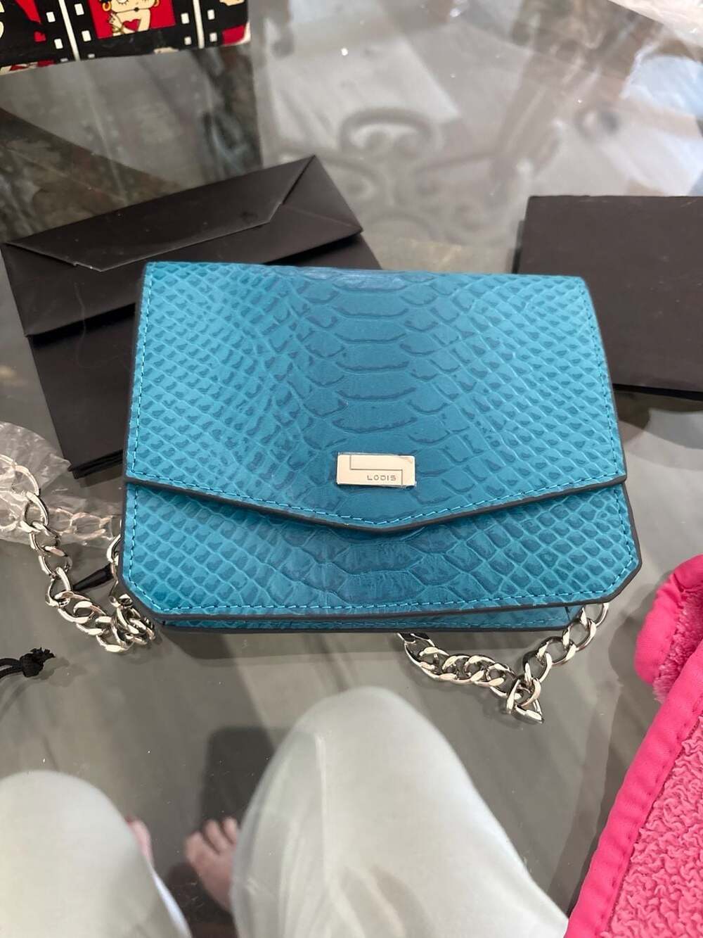Lodis Turquoise Snakeskin Embossed Leather Chain Crossbody Bag